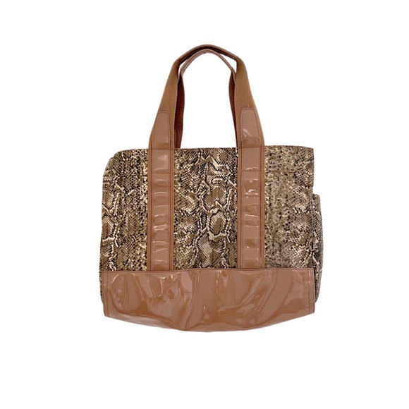 Tory Burch Elegant Snake print Tan Brown Patent Leather Canvas Shoulder Bag - Picture 3 of 14